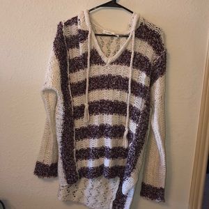 Crimson and Cream striped hooded sweater